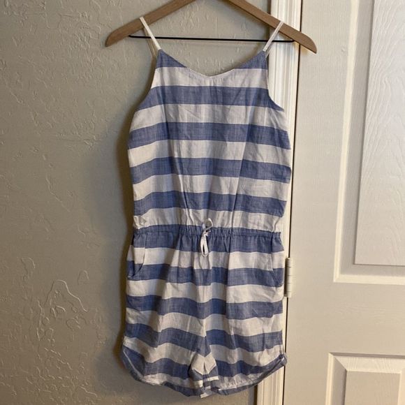 GIRLS Mango Linen Blue & White Romper - Picture 1 of 11